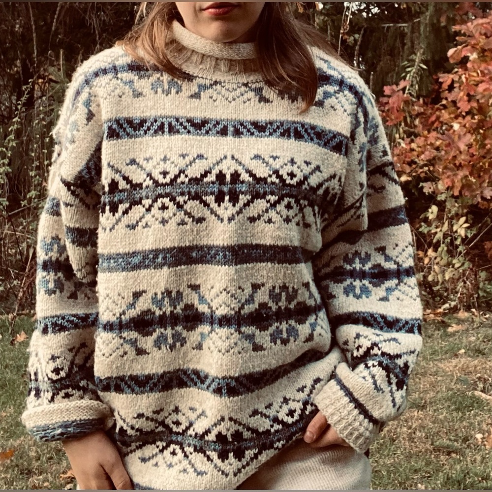 VINTAGE wool blend knit fair isle mock neck oversized sweater large